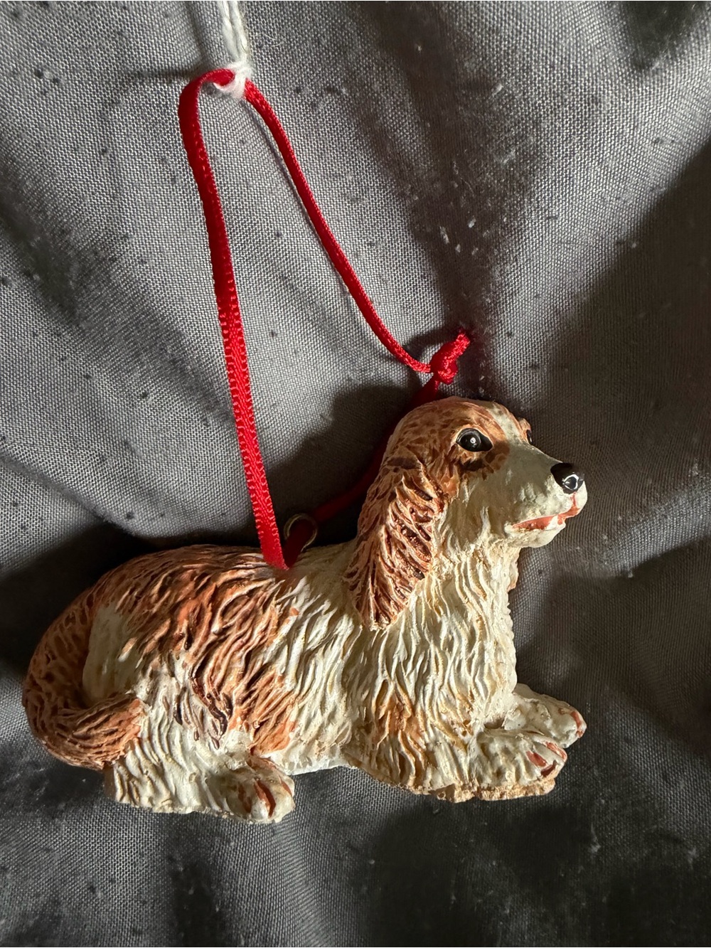 Hand-Painted Dog Ornament in Cream & Brown with Red Ribbon
